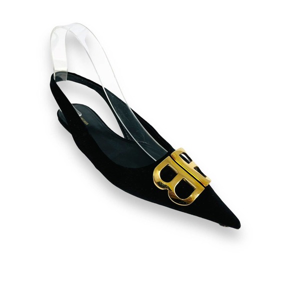 BALENCIAGA Black Velvet BB Knife Logo Slingback Pointed Toe Flats Size 36 US 6 - Picture 2 of 9